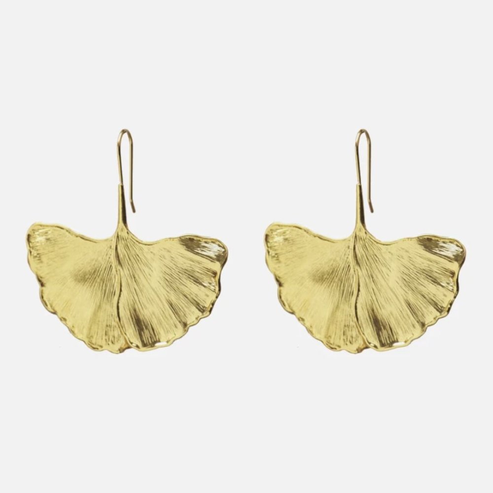 Ginkgo Chunky Gold Leaf Dangle Pin Earrings - Picture 3 of 5